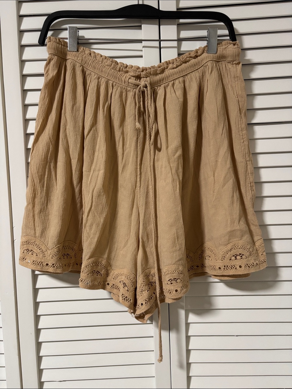 aerie Tan Crochet-Hem Drawstring Shorts